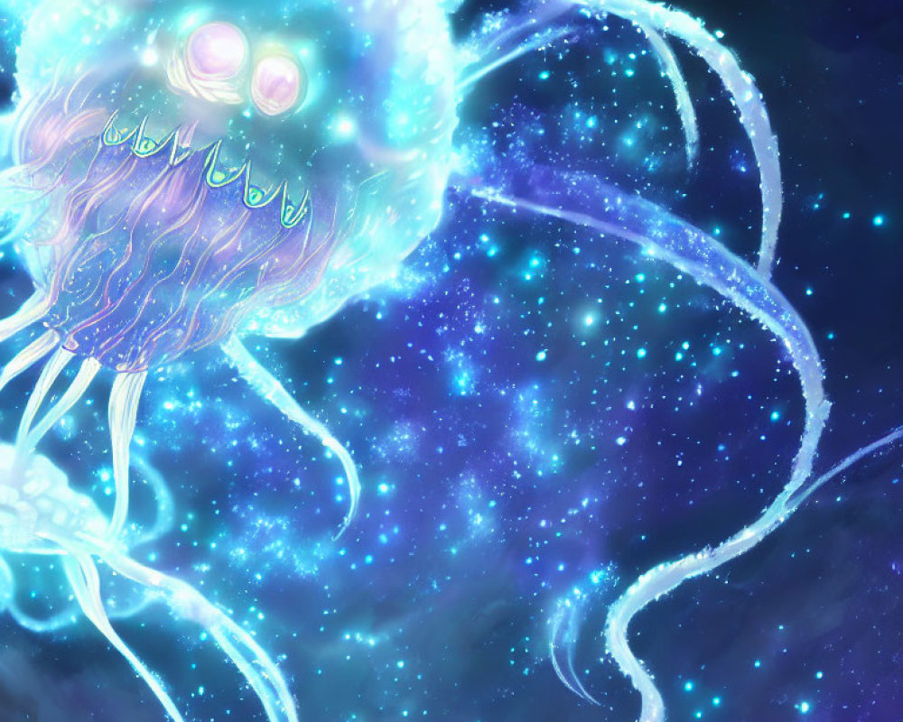 Ethereal jellyfish with long tentacles in cosmic ocean