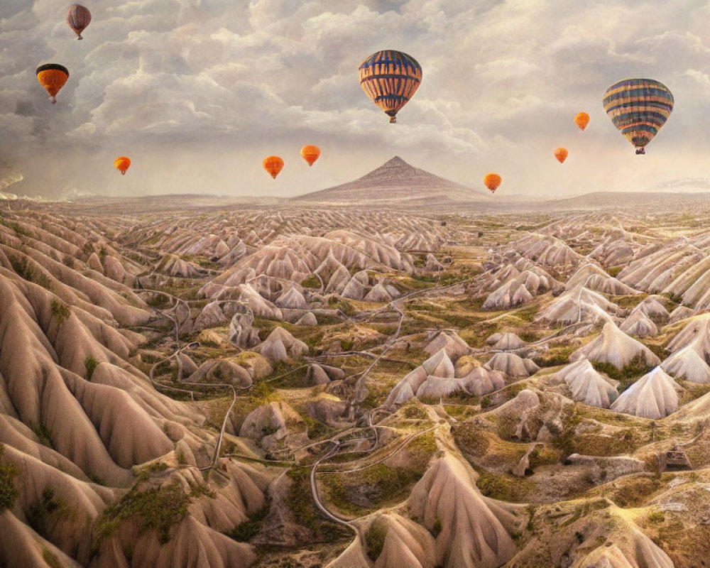 Rocky valley landscape with mountain and hot air balloons under cloudy sky