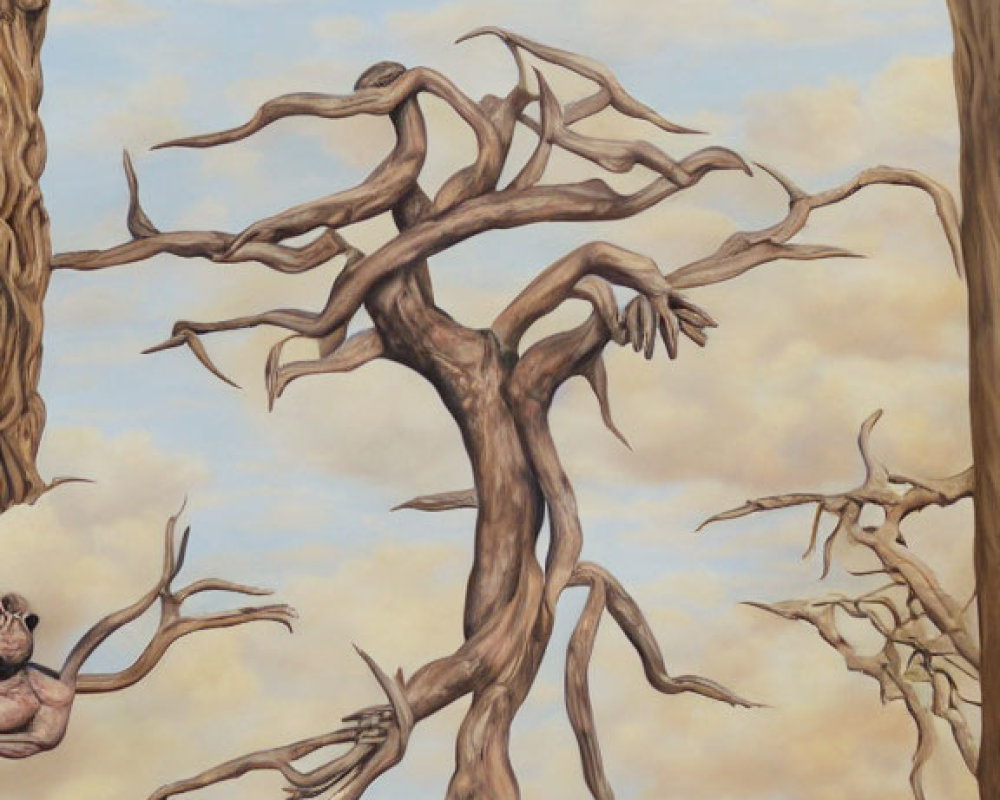 Surreal painting: barren tree merges with hand and figure