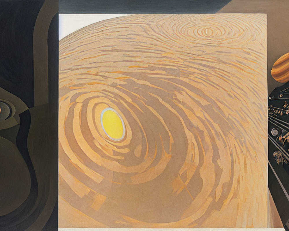 Swirling warm-toned abstract painting with yellow center and dashboard controls.