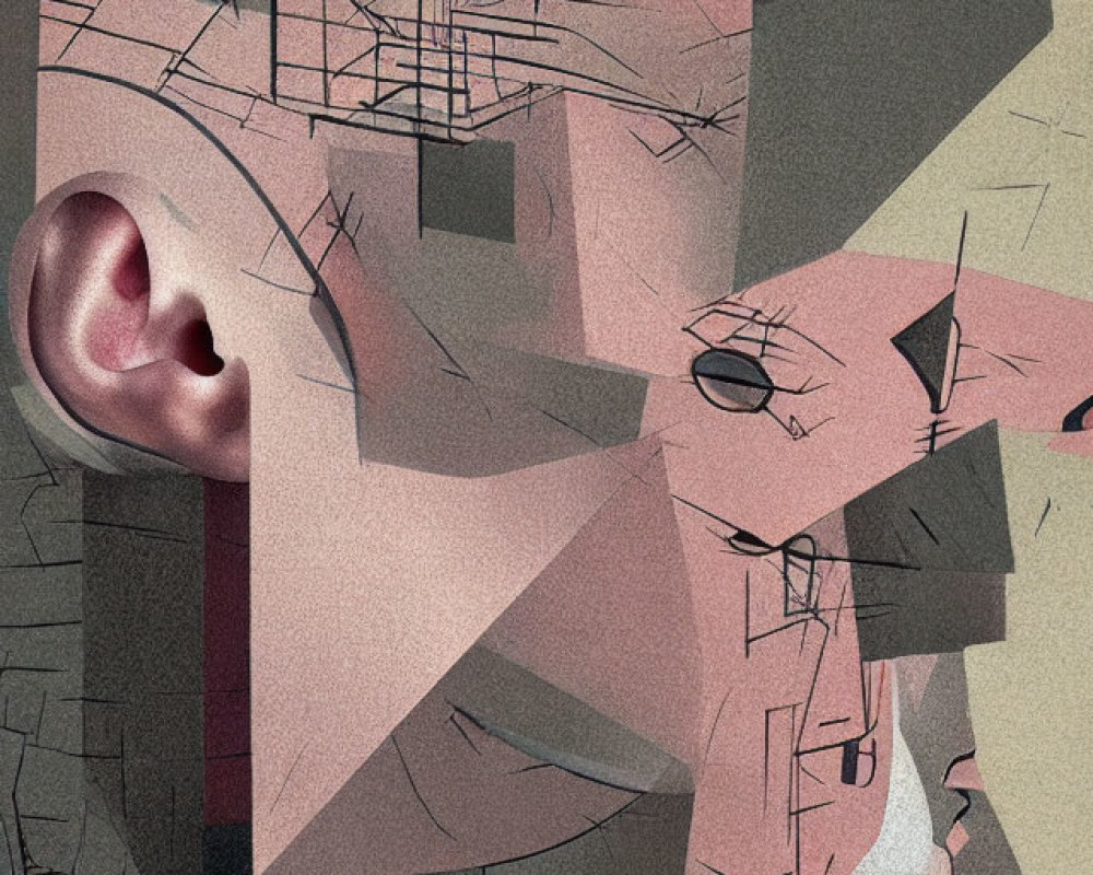 Abstract Cubist Artwork Featuring Fragmented Human Face in Muted Colors