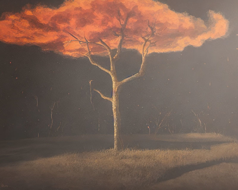 Lone tree in fiery orange sky with embers and darkened landscape