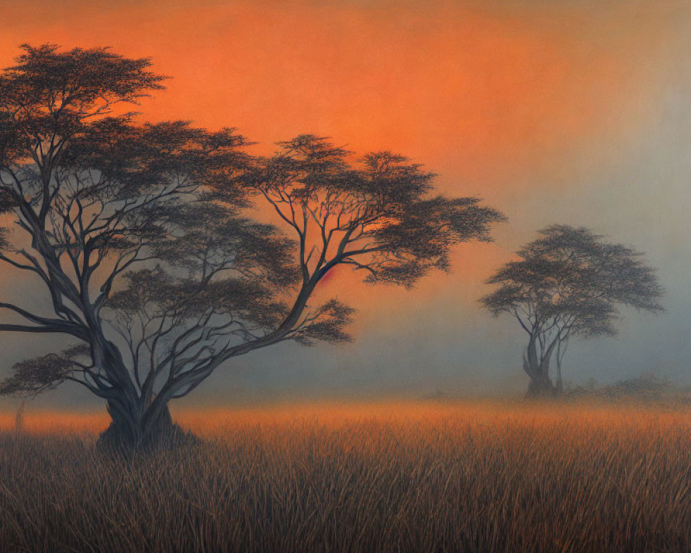 African savanna sunrise or sunset with silhouetted Acacia trees