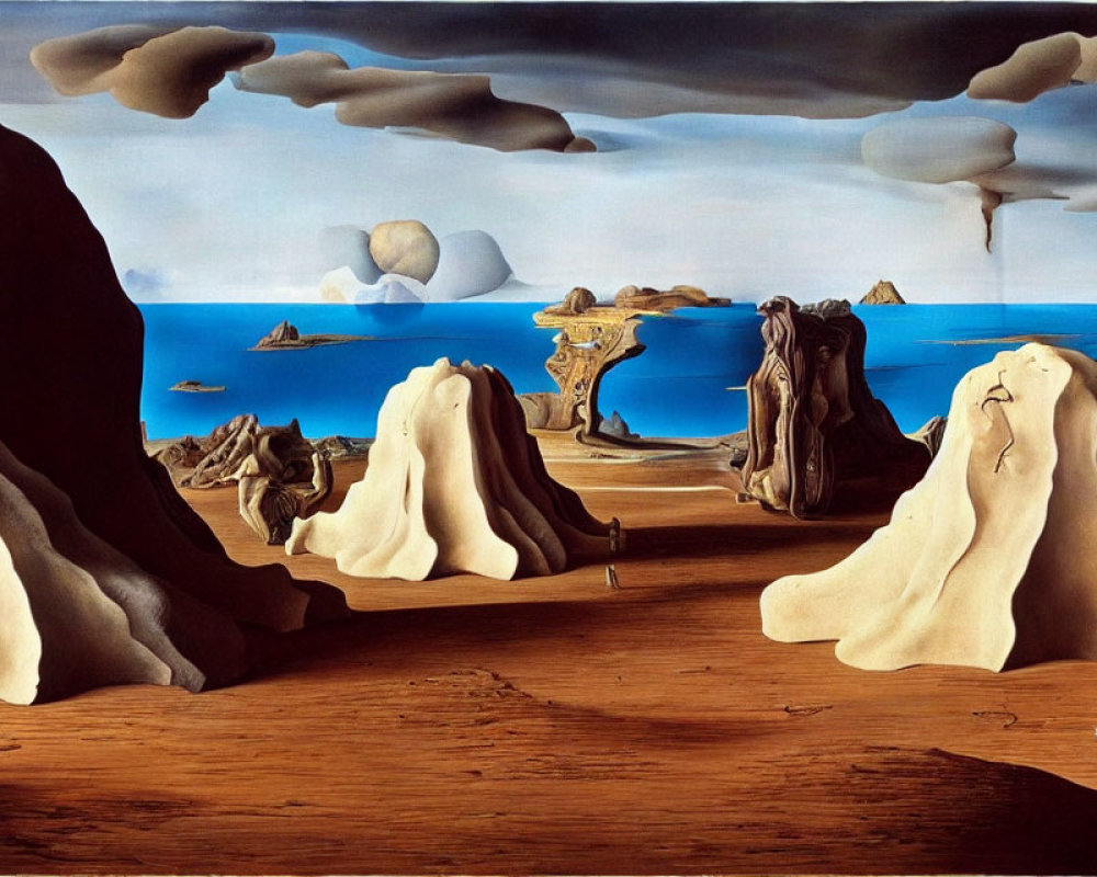 Surreal landscape with distorted figures and melting clocks