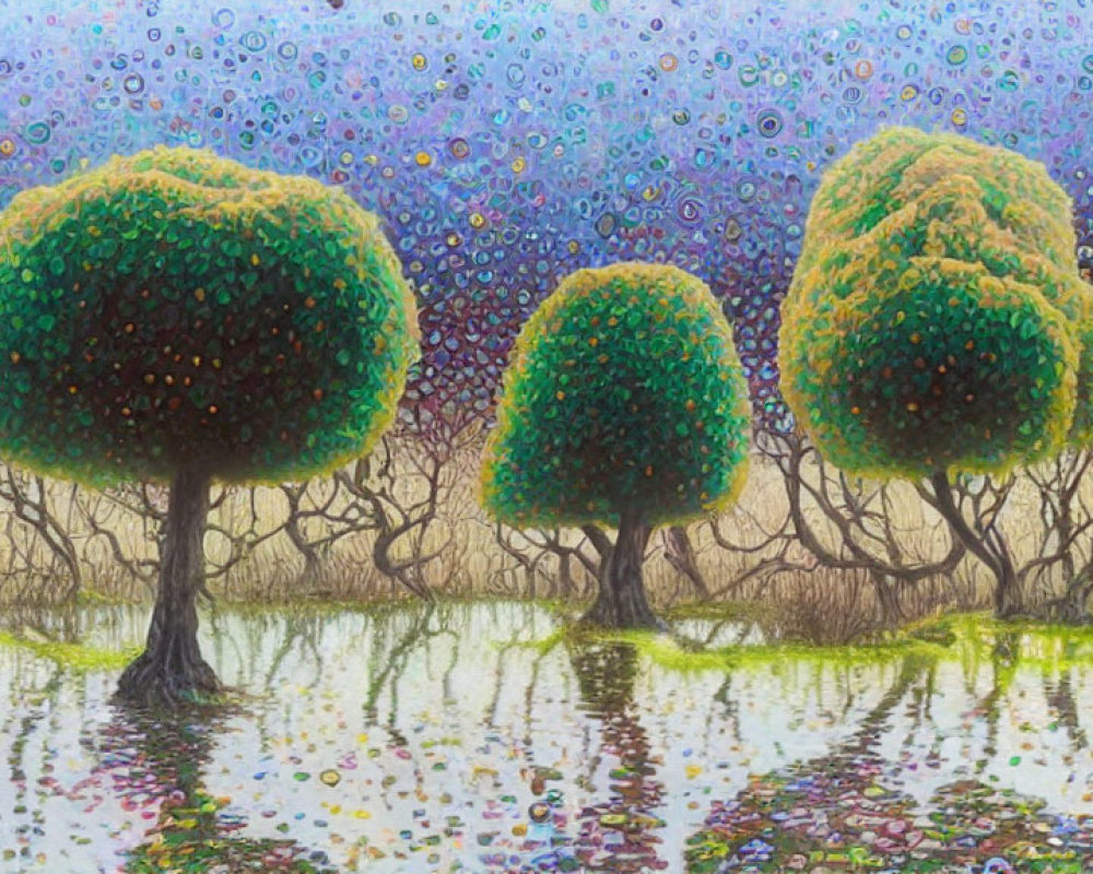 Stylized trees with round canopies reflected in water on vibrant backdrop