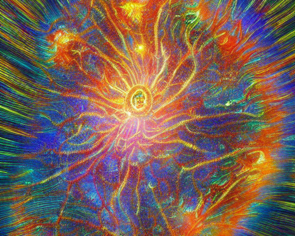 Colorful Psychedelic Sun with Radiating Beams on Patterned Background