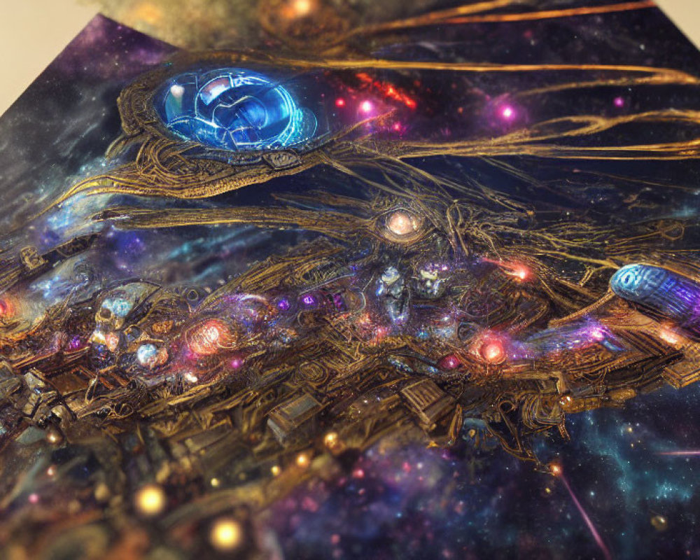 Detailed celestial spaceship with ornate designs in starry space