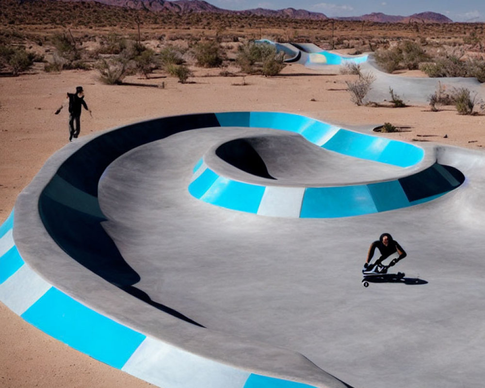 Skateboarder on winding blue-striped concrete track in desert landscape