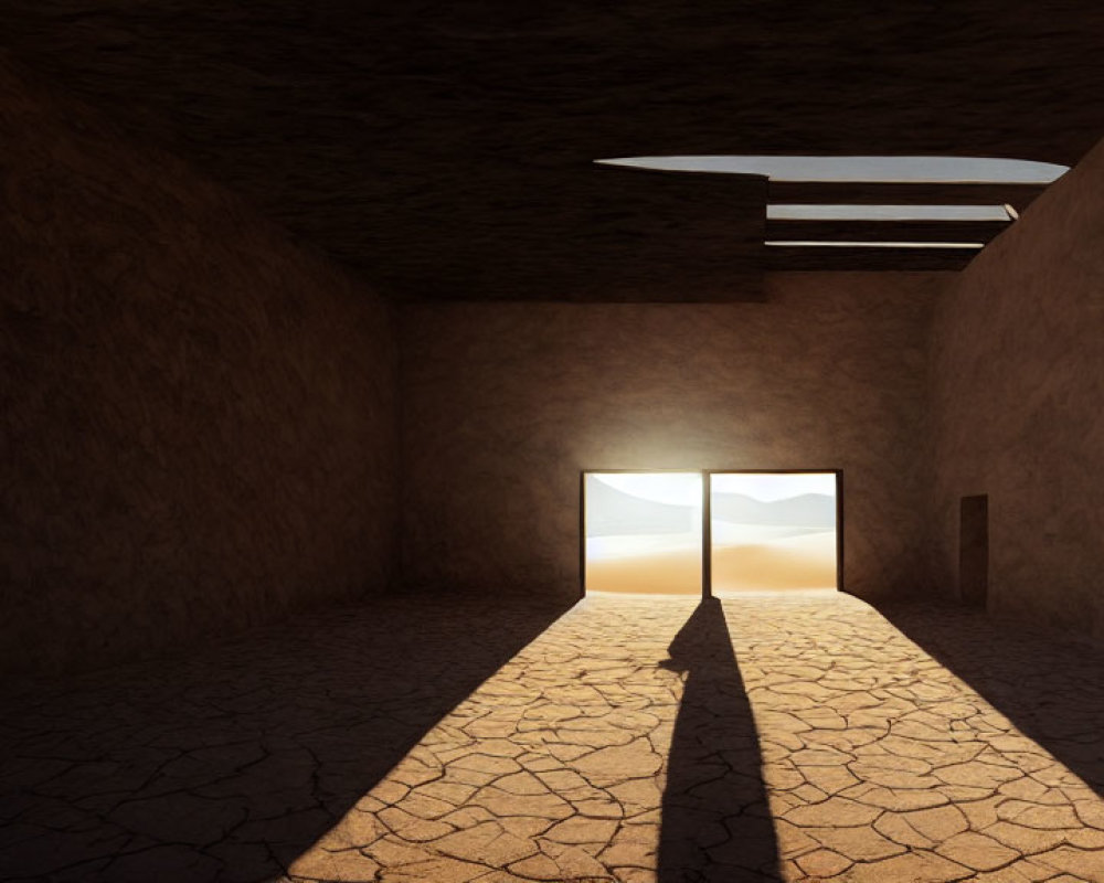 Barren room with open door casting shadow on cracked ground.