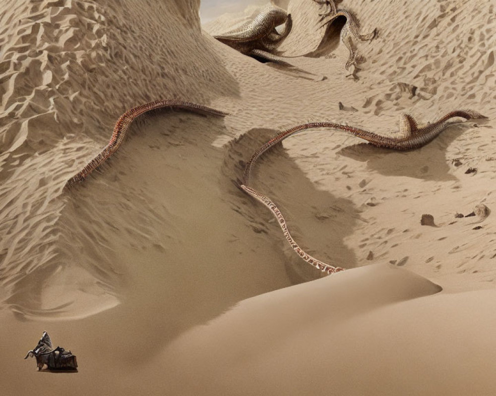 Serpentine structure in vast desert landscape with towering sand dunes