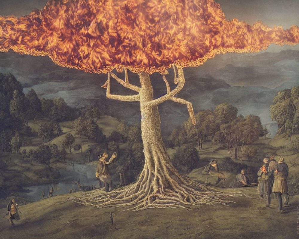 Surreal illustration of giant flaming tree with people in archaic clothing