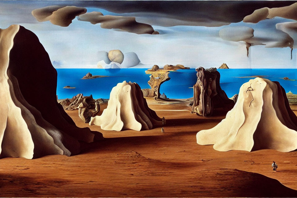 Surreal landscape with distorted figures and melting clocks