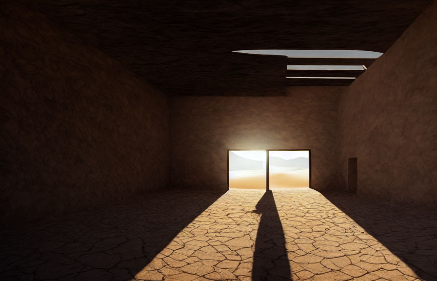 Barren room with open door casting shadow on cracked ground.