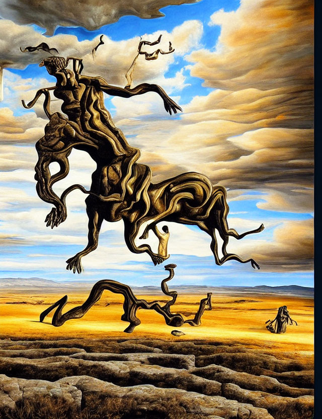 Surrealist painting: Horse-like figure with elongated legs on cracked landscape