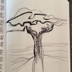 Surreal painting: barren tree merges with hand and figure