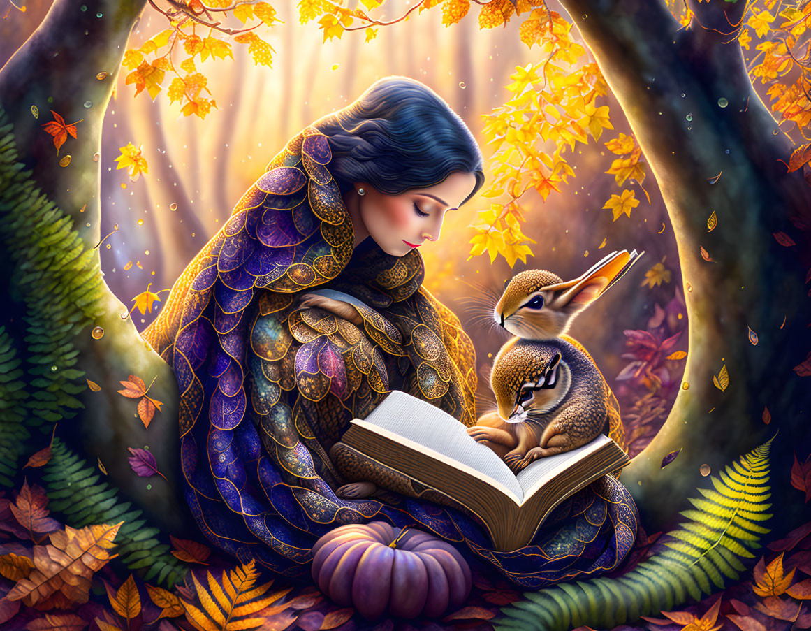 Woman reading book under autumn tree with duckling in patterned cloak