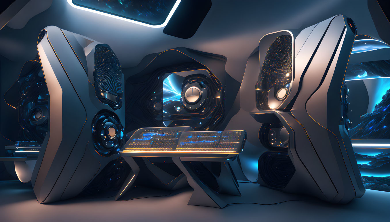 Futuristic interior with alien-like design and blue lighting