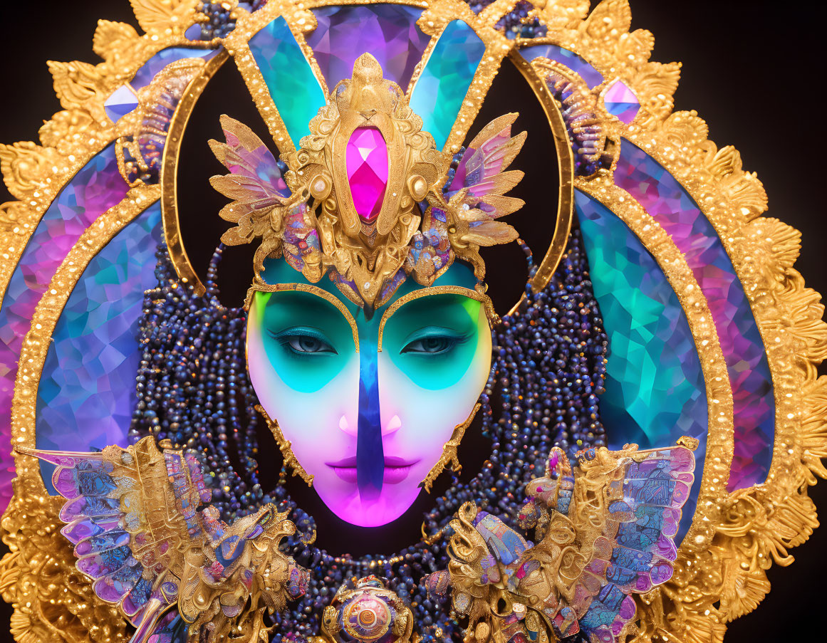 Colorful gem-encrusted mask with iridescent wings and golden ornate designs on dark