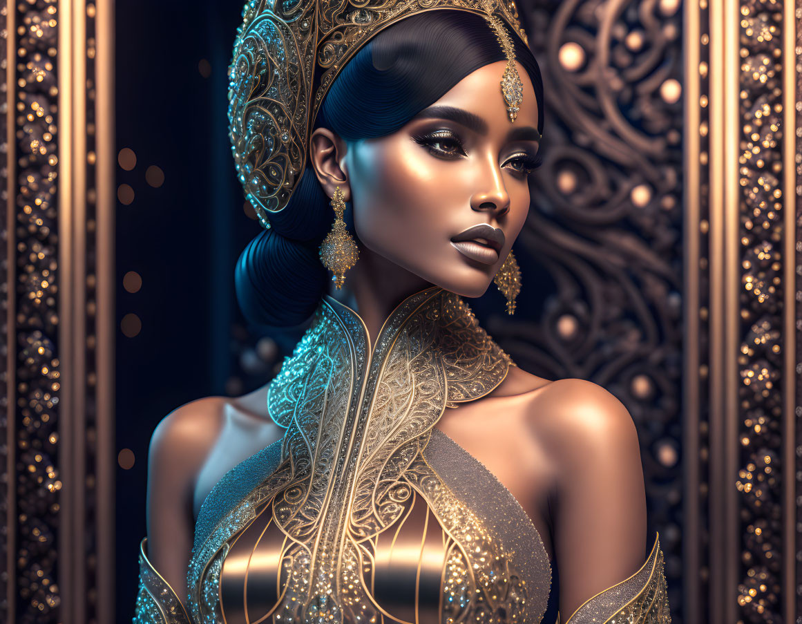 Detailed digital art portrait of woman with ornate gold headgear and jewelry