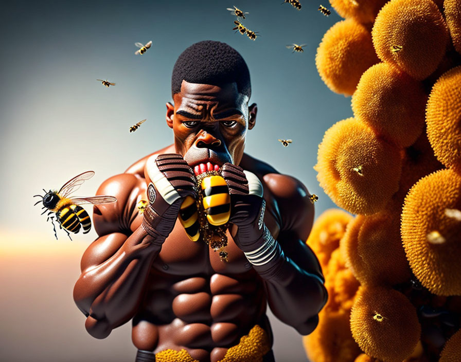 Muscular person with boxing hand wraps surrounded by flying bees in focused preparation.