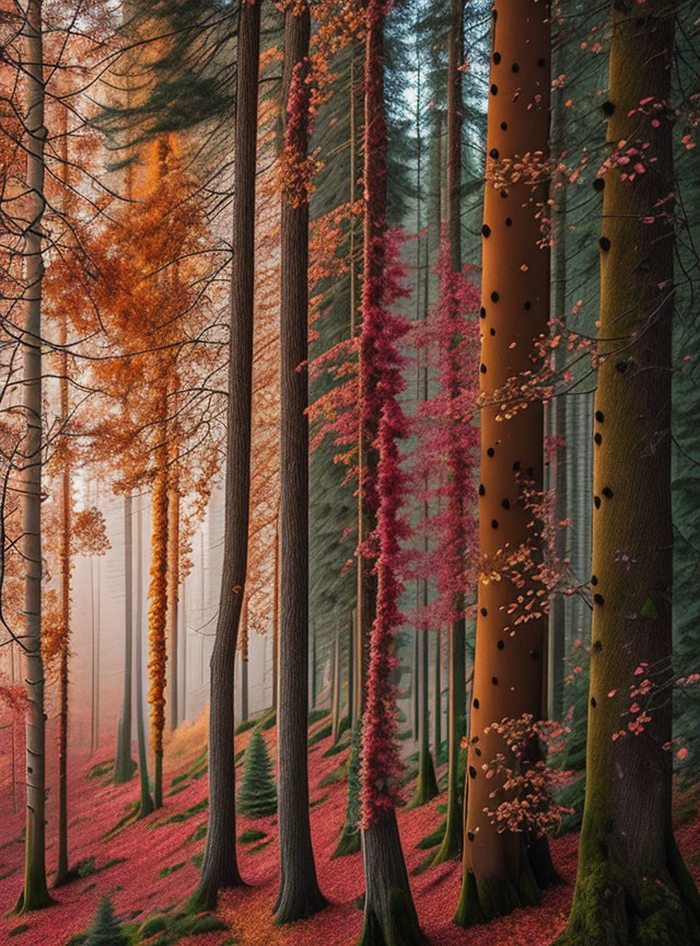 Tall Trees and Pink Leaves in Ambient Forest