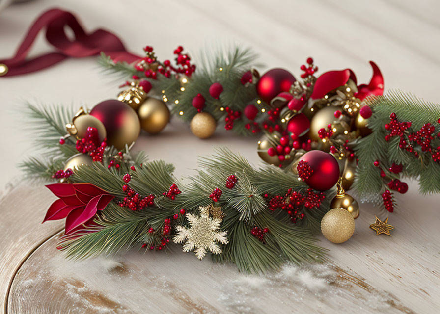 Festive Christmas wreath with red and gold baubles and pine branches