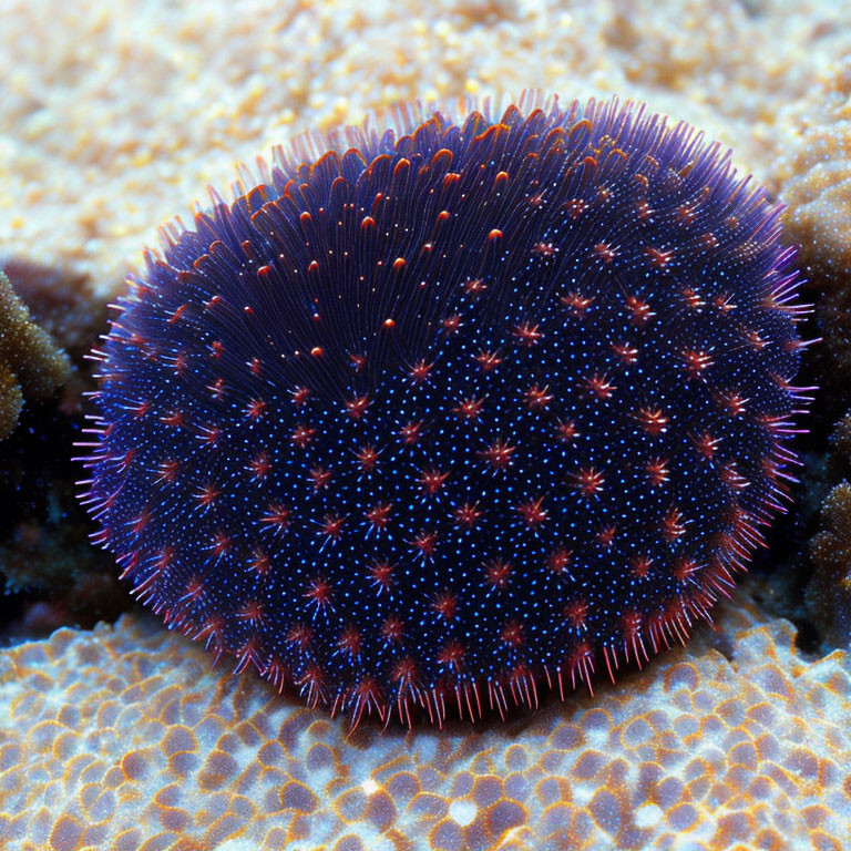 Purple Sea Urchin with Long Spines on Coral Surface