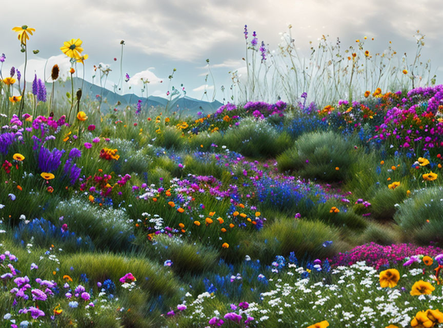 Colorful Wildflowers Field with Mountain Backdrop