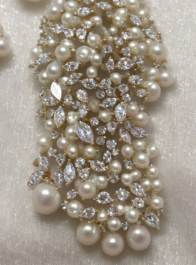 Pearl Necklace with Sparkling Diamonds on Cream Fabric