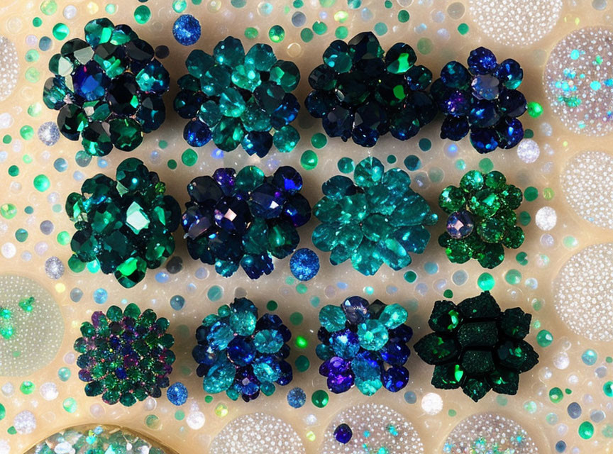 Blue and Green Crystal Clusters on Dotted Beige Background