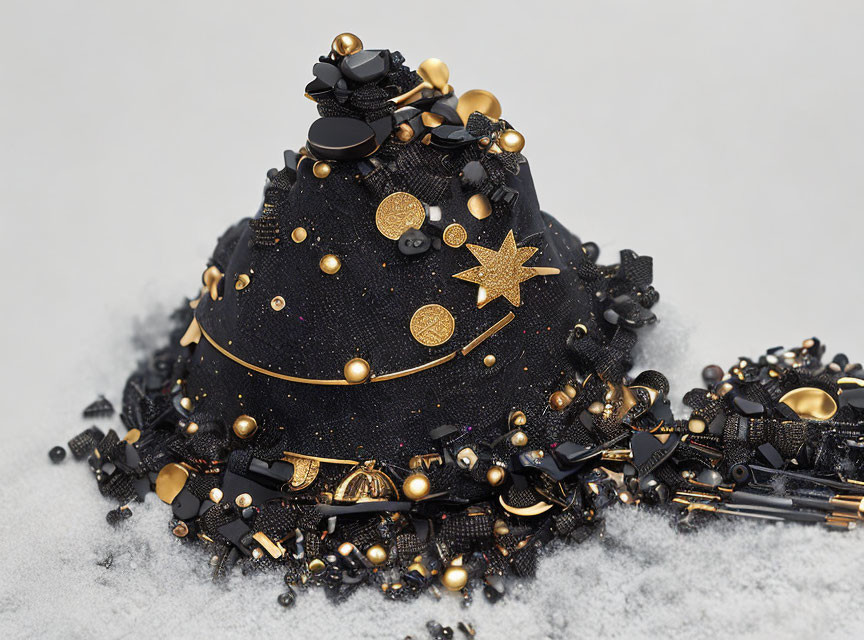 Black and Gold Christmas Tree Ornament with Black Garland on Snowy Surface