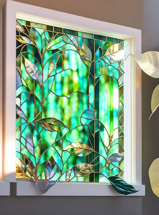 Leafy Vine Pattern Stained Glass Window in Green and Blue