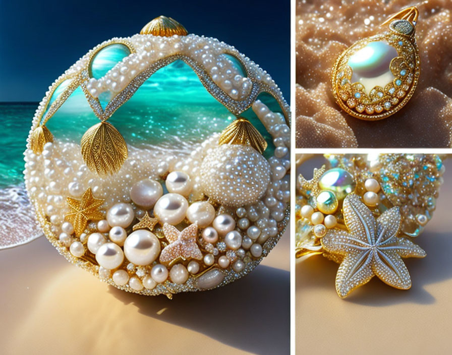 Pearl-Embellished Jewelry Piece with Gold Accents and Seashell Theme