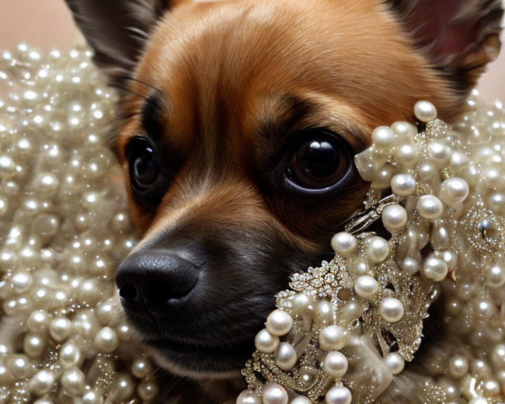 Brown small dog with large ears wearing pearl necklace and brooch