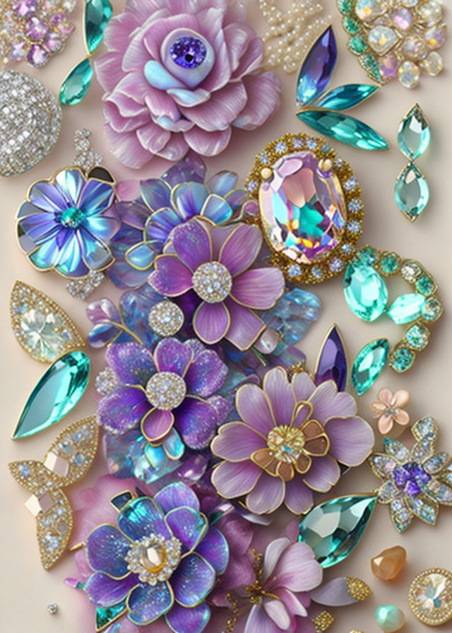 Colorful Gemstones and Flowers on Beige Background