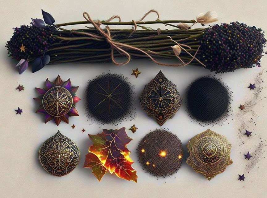 Patterned spheres, autumn leaves, dried twigs, and berries on light background