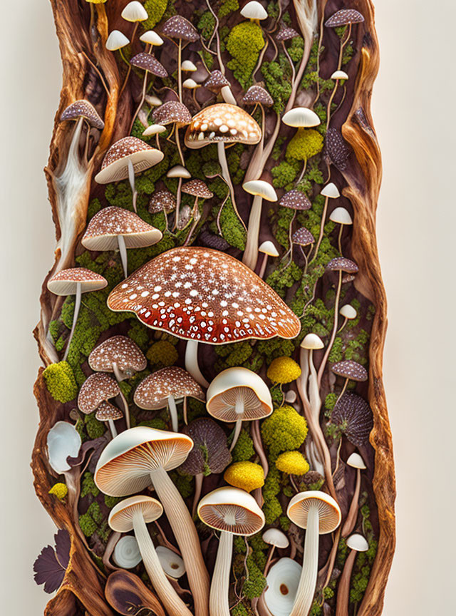 Assorted mushrooms and mosses in wooden crevice form vertical forest