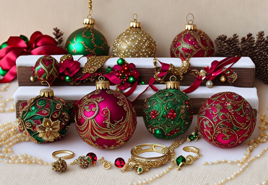 Festive Christmas decorations with baubles, ribbons, gold jewelry, and pine cones