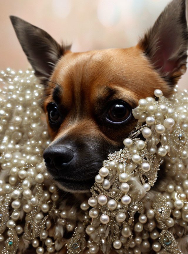 Brown small dog with large ears wearing pearl necklace and brooch