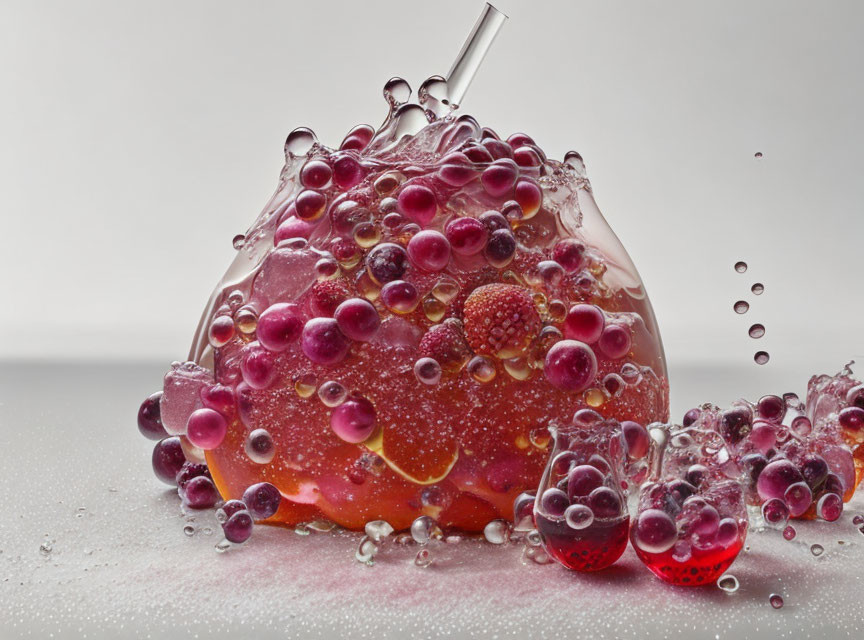 Colorful fruit-like bubbles in beverage with straw on neutral background