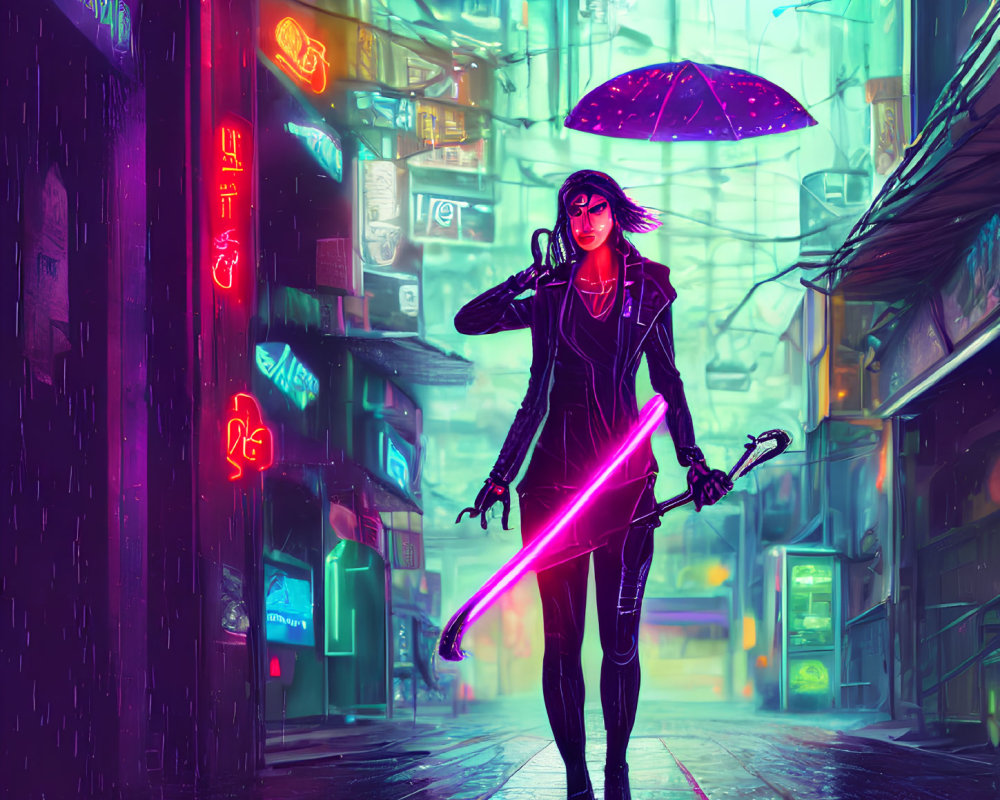 Glowing pink saber and umbrella in neon-lit cyberpunk alleyway