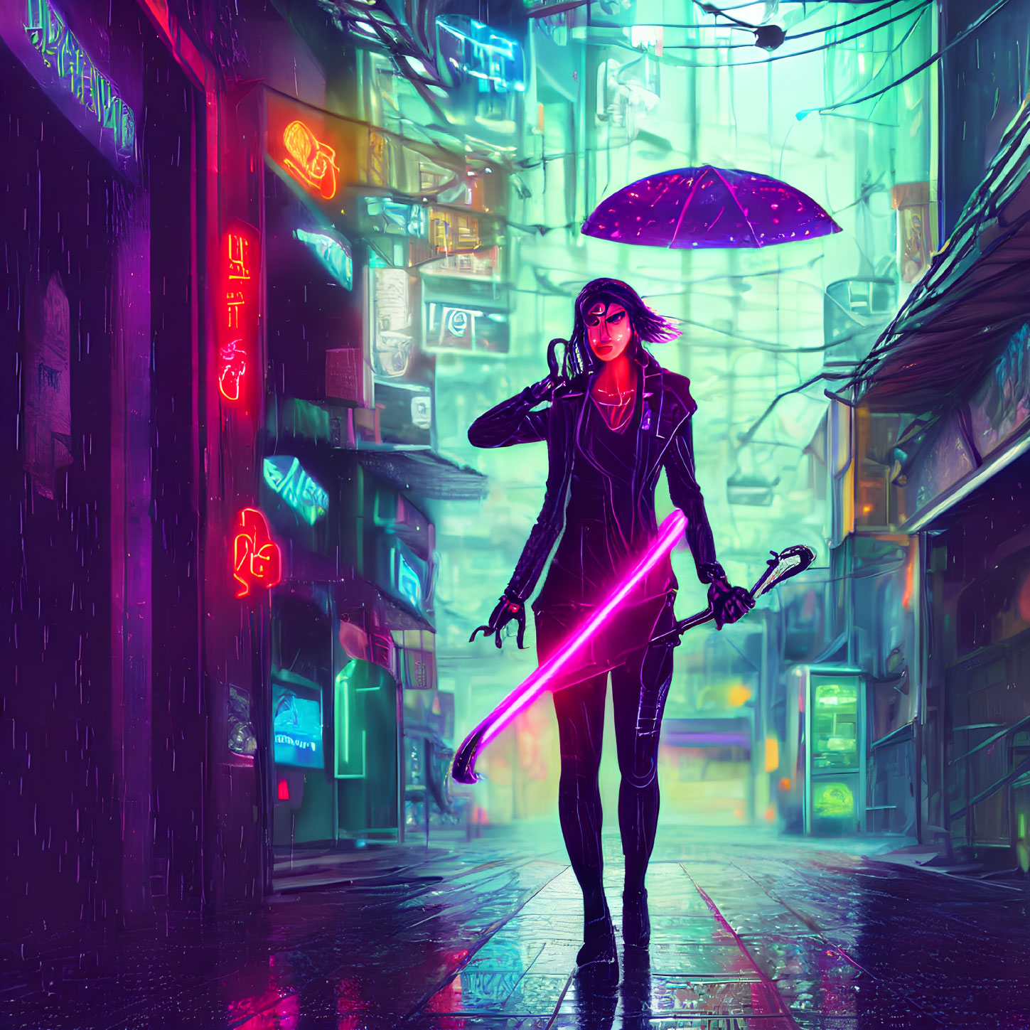 Glowing pink saber and umbrella in neon-lit cyberpunk alleyway