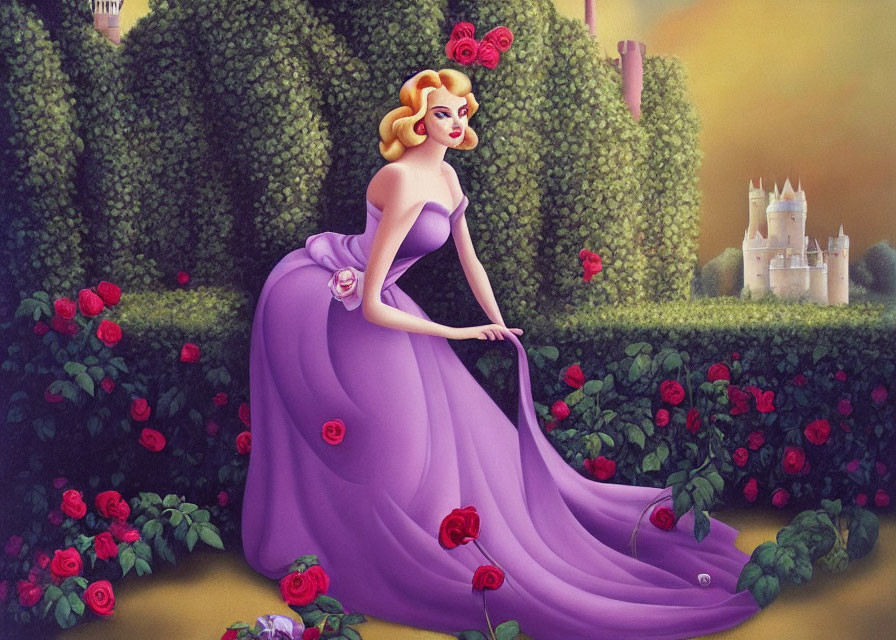 Illustrated woman in purple dress by rose bush and castle.