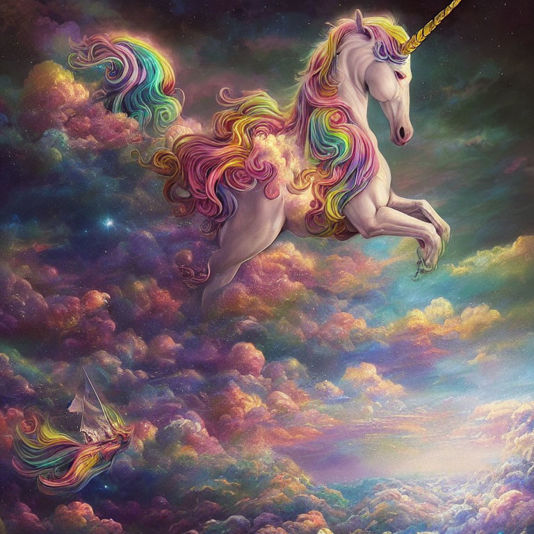 Majestic unicorn with golden horn and rainbow mane in dreamy sky