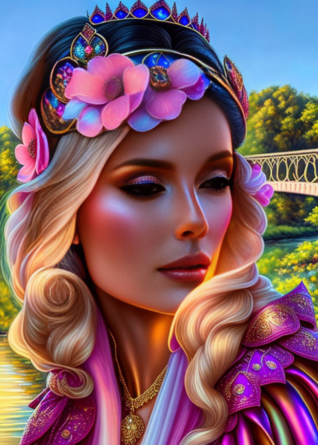 Elaborate floral crown on woman in pink and purple dress in dreamy landscape