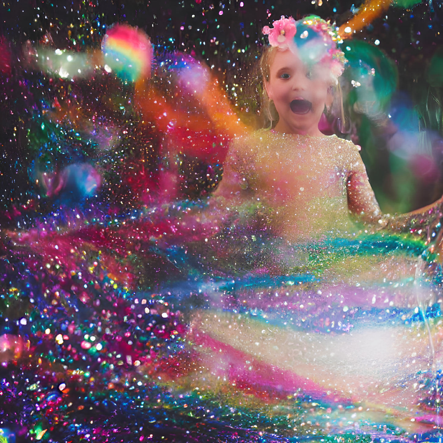 Young girl with flower in hair surrounded by vibrant colors and bokeh lights