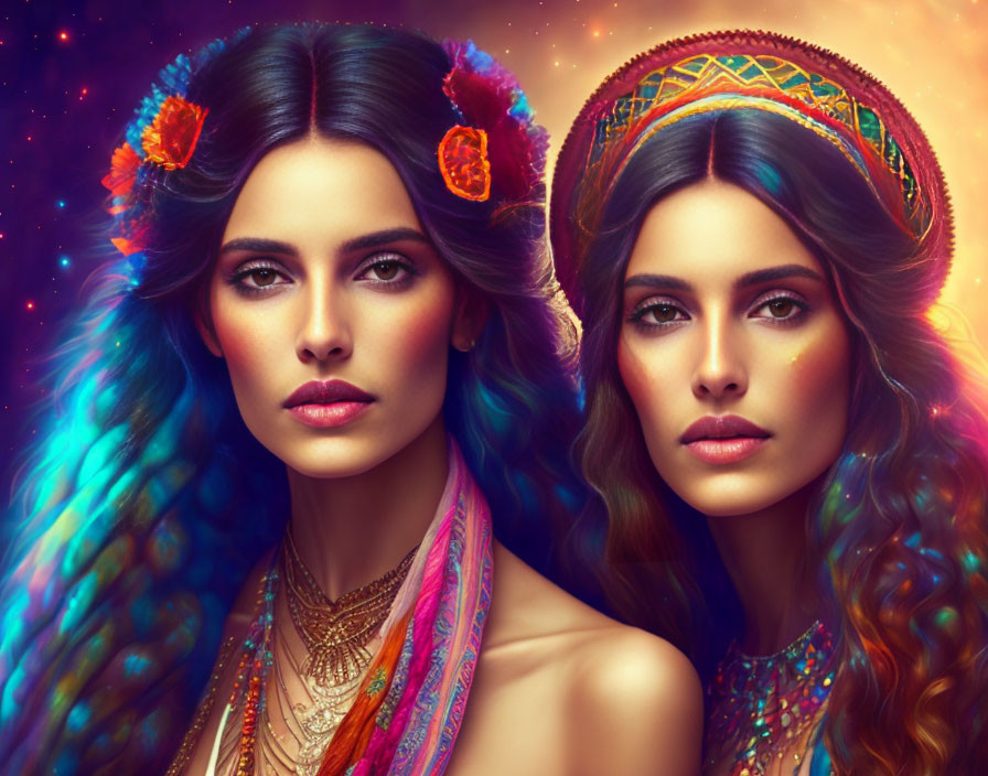 Two women with rainbow-colored hair and headbands on colorful backdrop