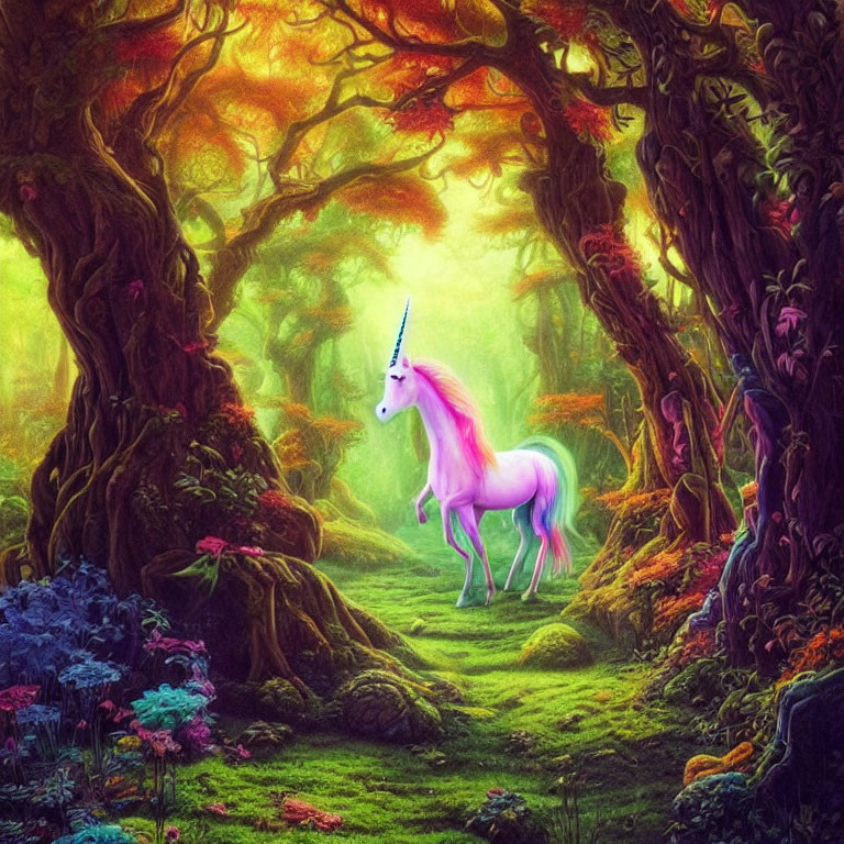 Luminous mythical unicorn in vibrant enchanted forest