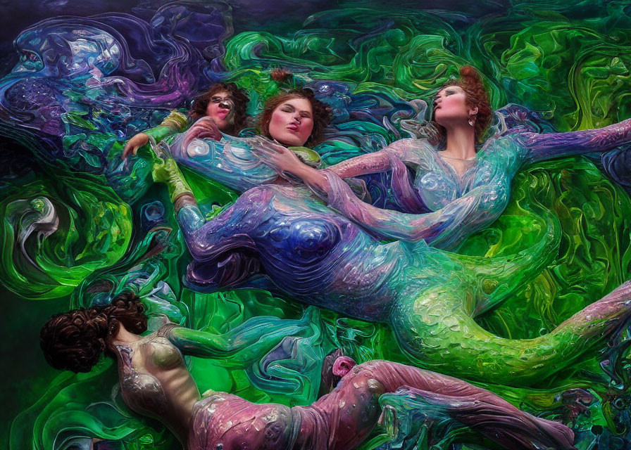 Four people submerged in vibrant green and purple swirls.