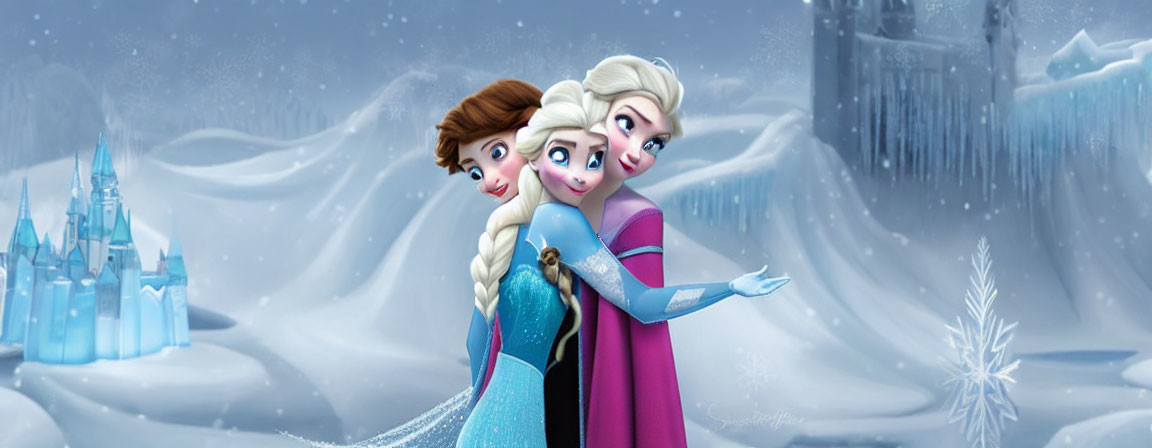 Three animated female characters in elegant dresses in snowy landscape with ice castle